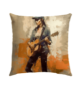 Weather-resistant outdoor pillow with country portraits, perfect for garden or patio.